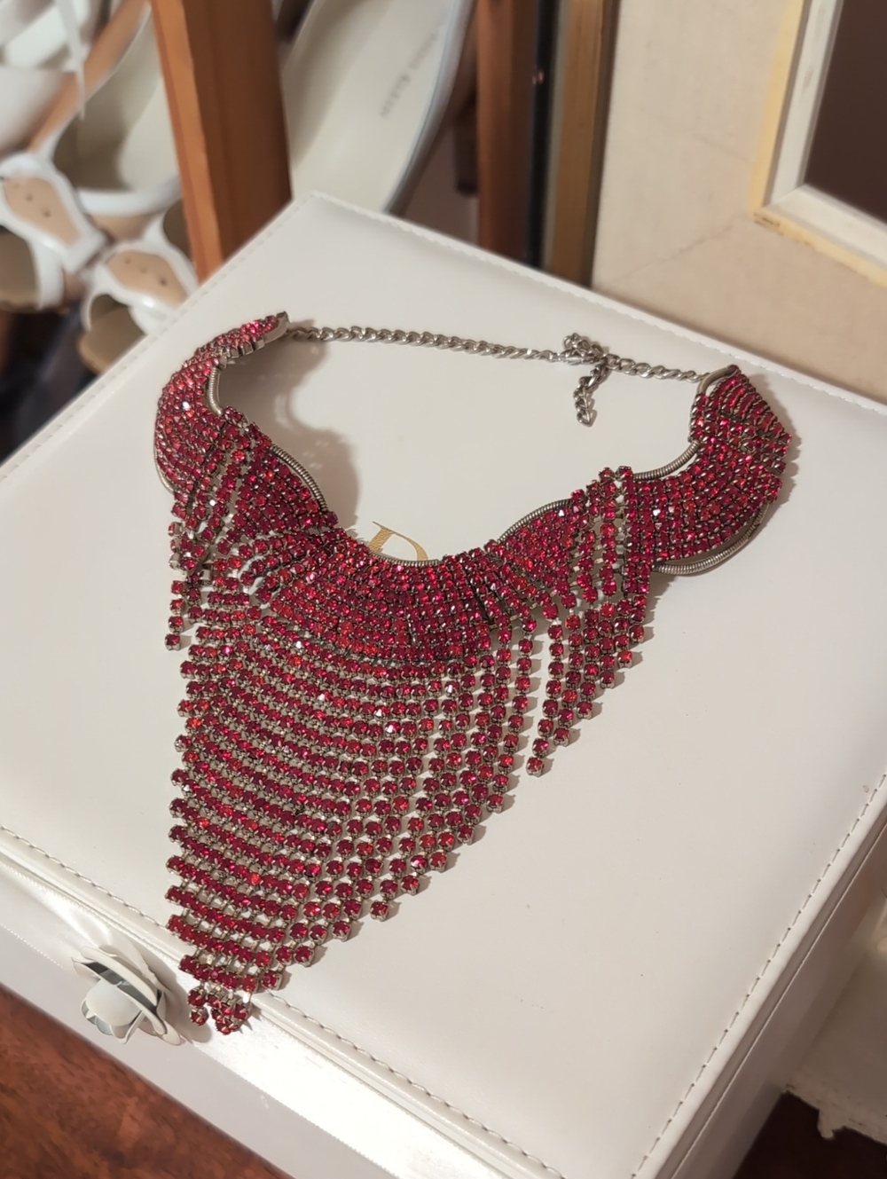 Red Crystal Fringe Statement Necklace - Women Jewelry
